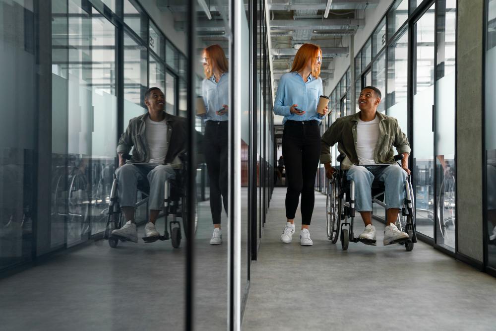 Homme handicapé en fauteuil roulant travaillant à son bureau